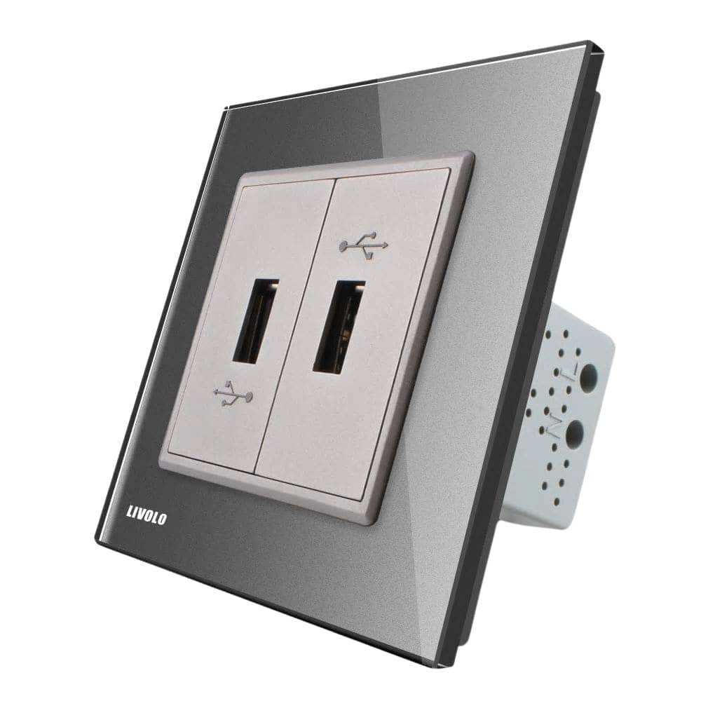 Priza dubla USB Livolo cu rama din sticla, gri, VL-C792USB-15