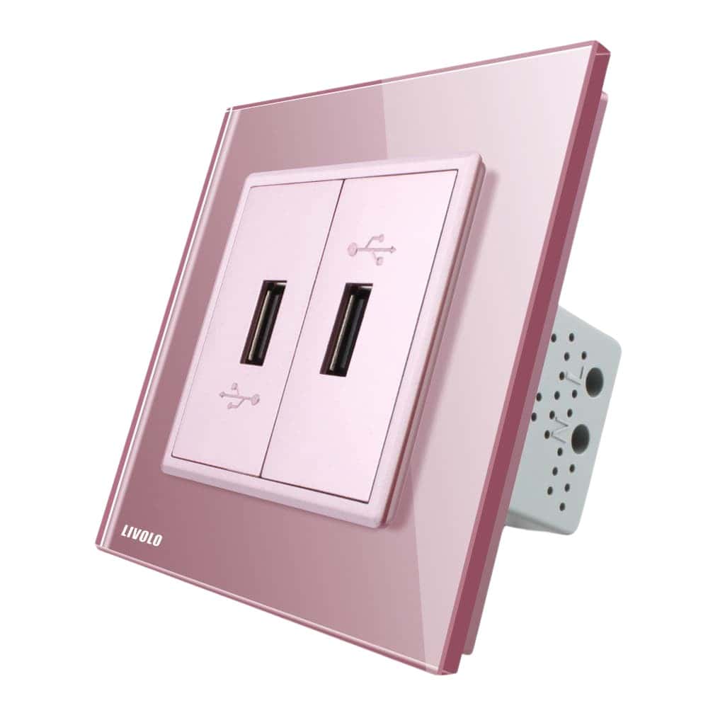 Priza dubla USB Livolo cu rama din sticla, roz, VL-C792USB-17