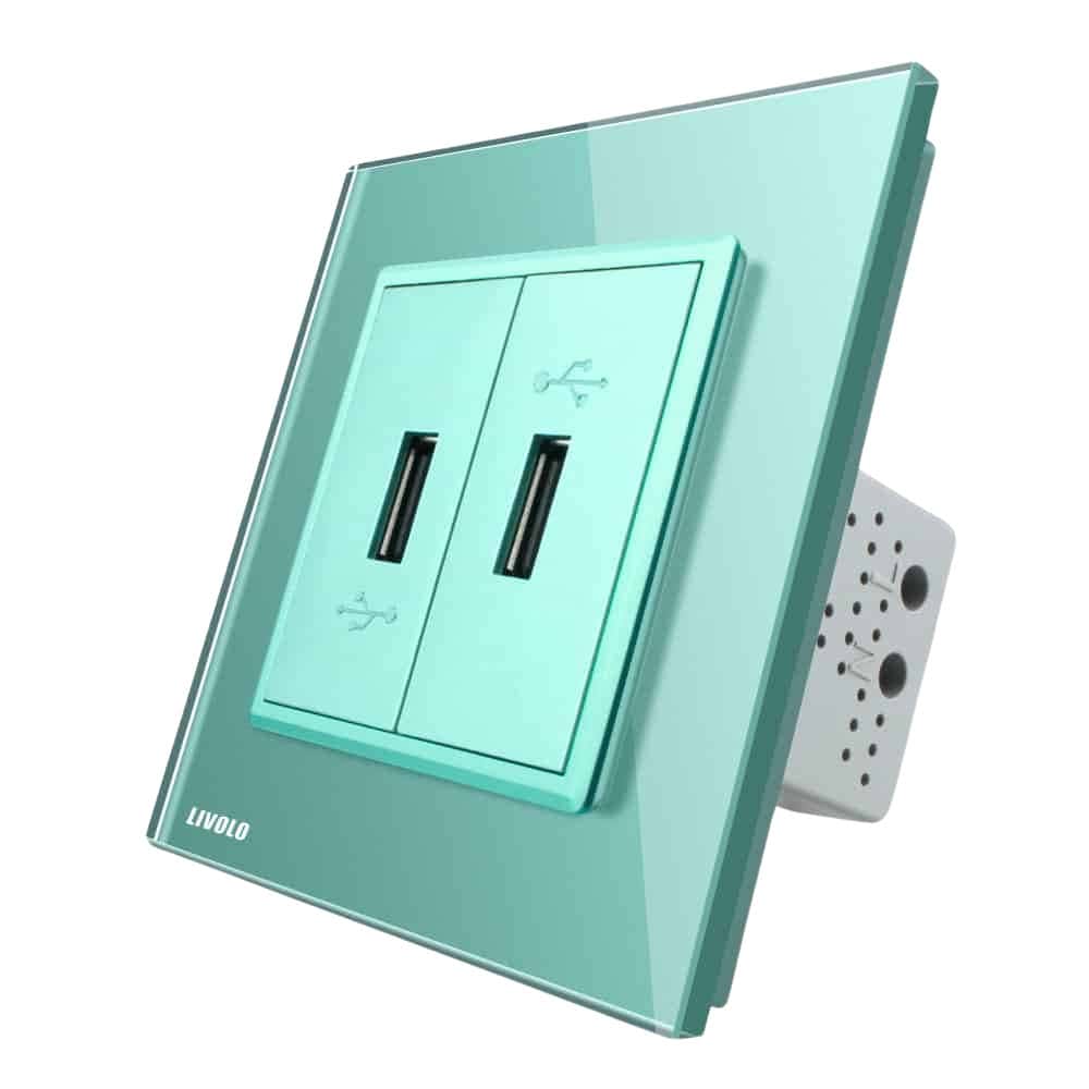 Priza dubla USB Livolo cu rama din sticla, verde, VL-C792USB-18