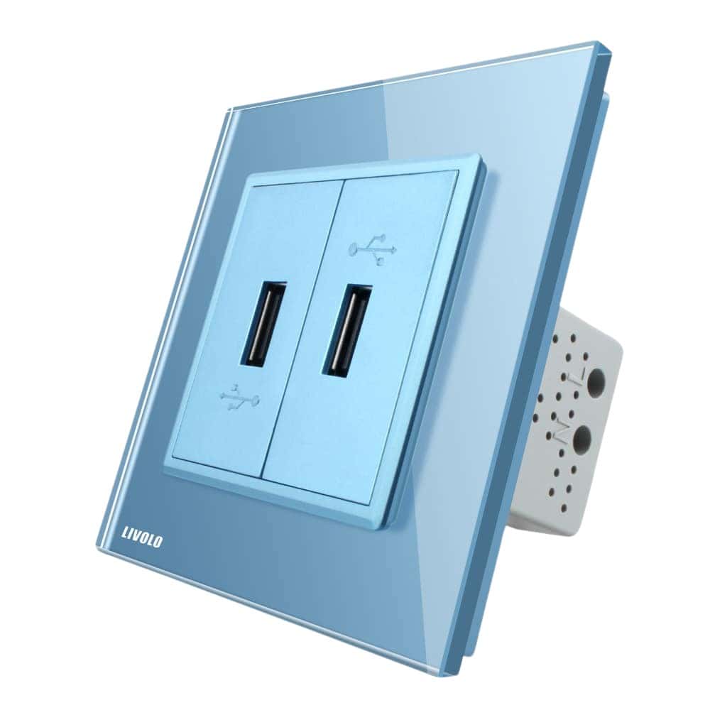 Priza dubla USB Livolo cu rama din sticla, albastru, VL-C792USB-19