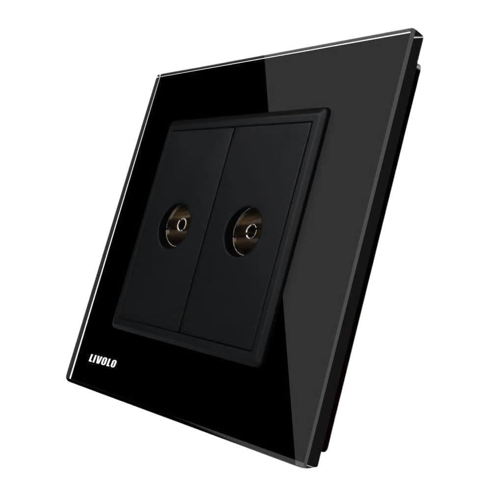 Priza dubla TV Livolo cu rama din sticla, negru, VL-C792V-12