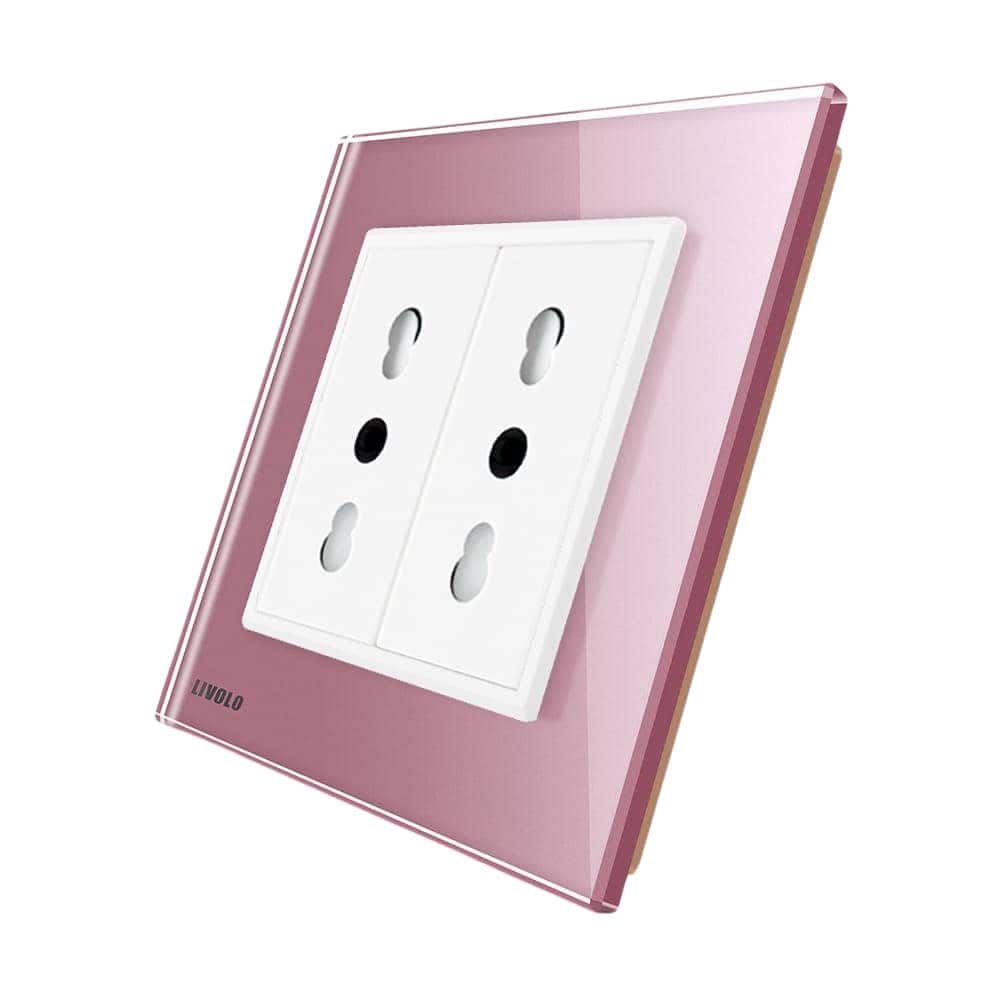Priza dubla module inguste Livolo cu rama din sticla - standard german, roz, VL-C9-C2IT-17