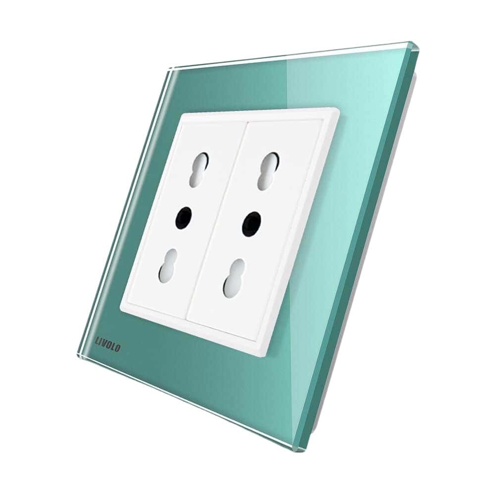 Priza dubla module inguste Livolo cu rama din sticla - standard german, verde, VL-C9-C2IT-18
