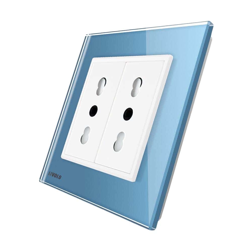 Priza dubla module inguste Livolo cu rama din sticla - standard german, albastru, VL-C9-C2IT-19