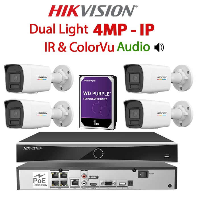 KIT 4 Camere video IP PoE, 4MP Dual Light IR si ColorVu, IR 30m, WL 30m, 2.8mm, Microfon, NVR PoE, HDD 1TB, HIKVISION - KIT4CHAHIP-4A24IRWL-WDT1