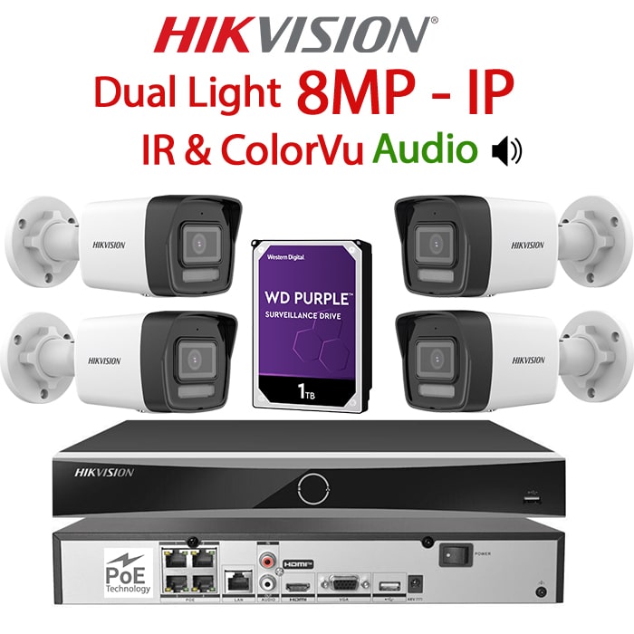 KIT 4 Camere video IP PoE, 8MP Dual Light IR si ColorVu, IR 30m, WL 30m, 2.8mm, Microfon, NVR PoE, HDD 1TB, HIKVISION – KIT4CHAHIP-4A28IRWL-WDT1