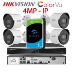 KIT 4 Camere video IP PoE ColorVu, 4MP, 2.8mm, Lumina Alba 30m, NVR PoE, HDD 1TB, HIKVISION - KIT4CHAHIPCVU-4A28C-SGT1