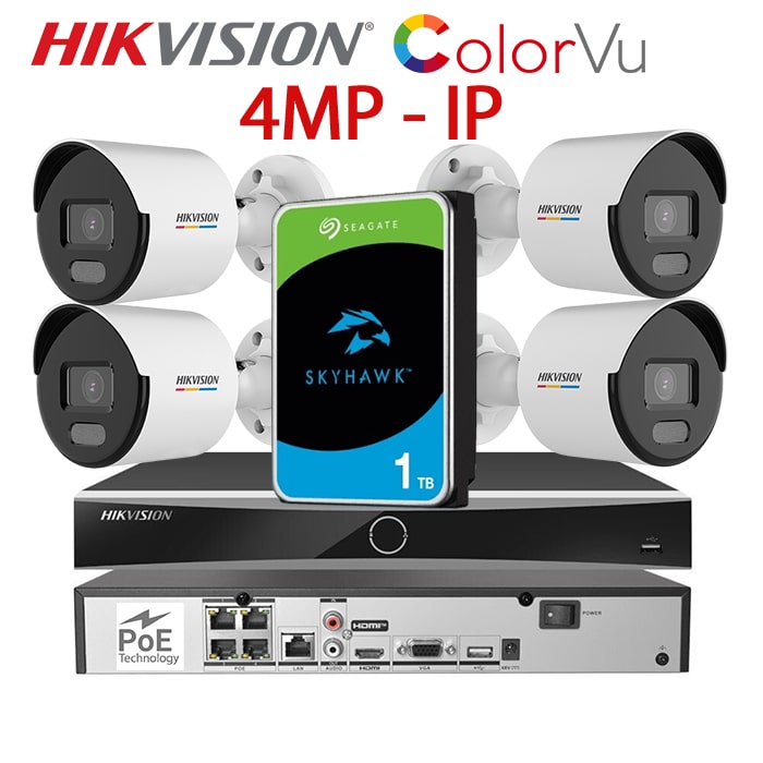 KIT 4 Camere video IP PoE ColorVu, 4MP, 2.8mm, Lumina Alba 30m, NVR PoE, HDD 1TB, HIKVISION – KIT4CHAHIPCVU-4A28C-SGT1