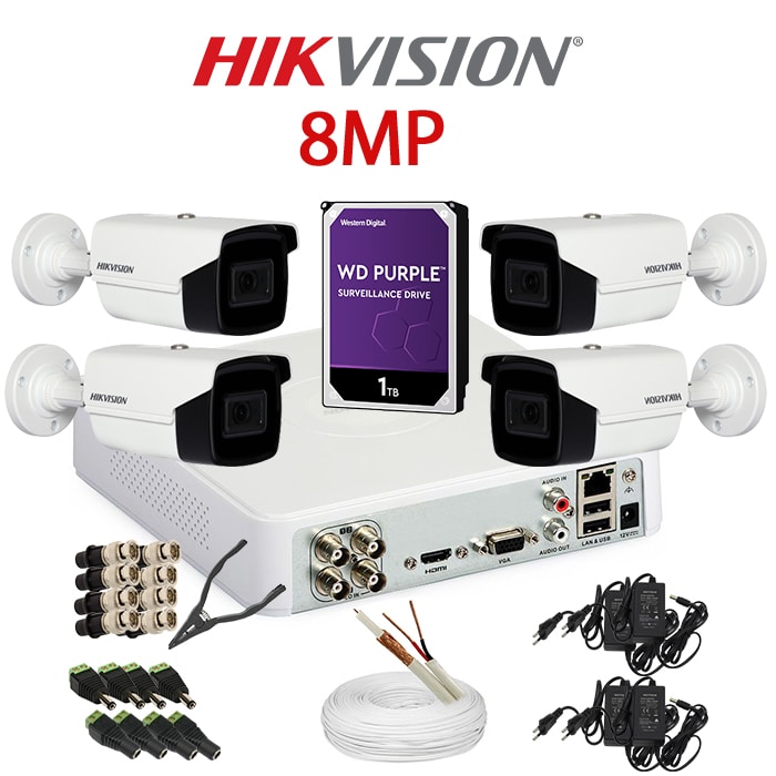 KIT 4 Camere video complet, 8MP, 2.8mm, IR 60m, DVR, HDD 1TB, Cablu, HIKVISION – KIT4CHA-4A2860-WDT1N