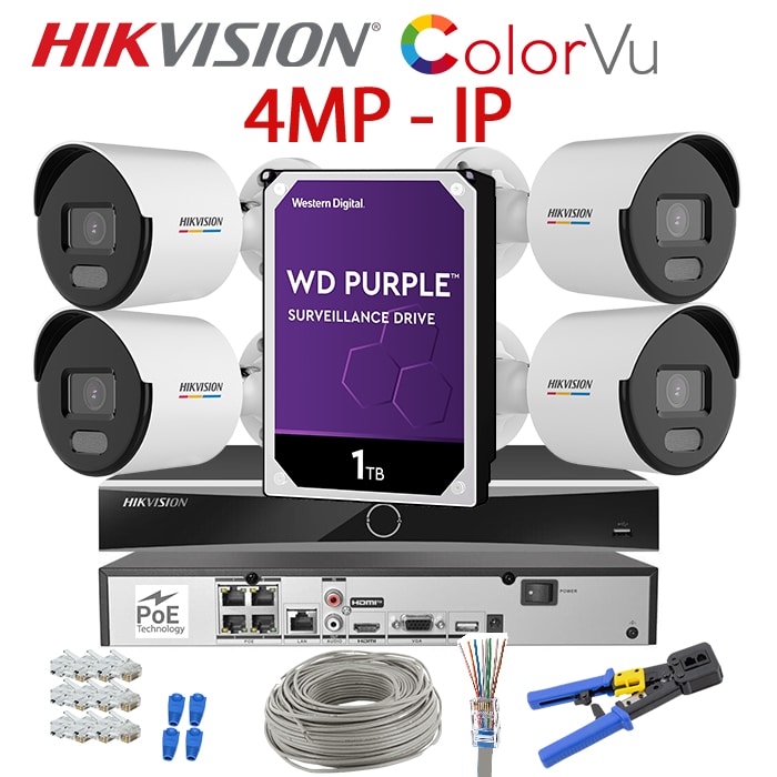 KIT 4 Camere video IP PoE ColorVu complet, 4MP, 2.8mm, Lumina Alba 30m, NVR PoE, HDD 1TB, HIKVISION – KIT4CHAHIPCVU-4A28C-WDT1C