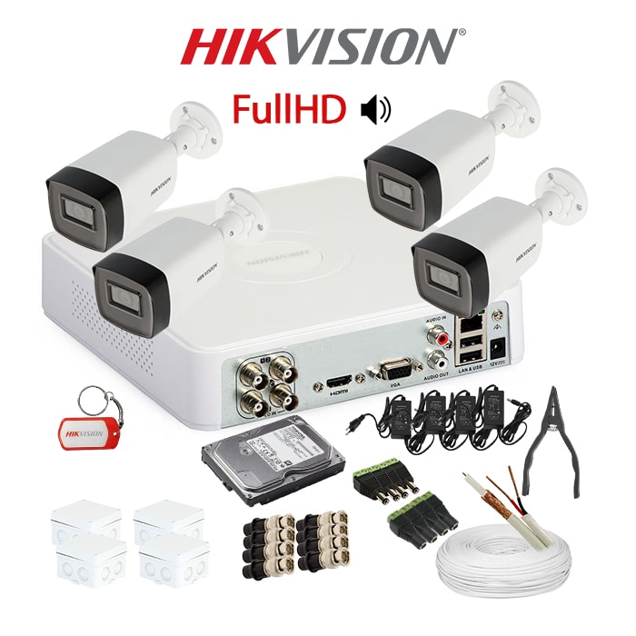 KIT 4 Camere video complet, FullHD, 2.8mm, IR 40m, Microfon, DVR, HDD 1TB, Cablu 100 metri, HIKVISION – KIT4CHA-4CAA-TT1CA