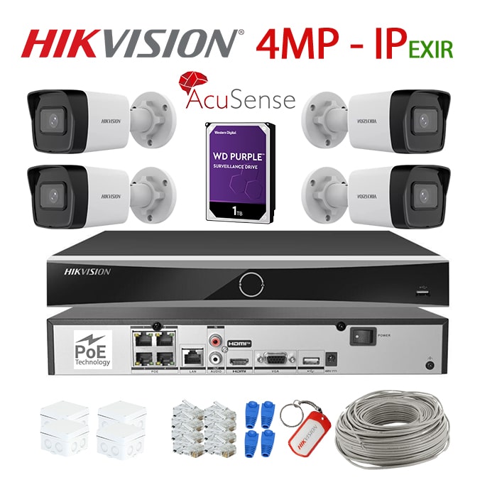 KIT 4 Camere video IP PoE complet, 4MP, 2.8mm, IR 30m EXIR, NVR PoE, HDD 1TB, HIKVISION – KIT4CHAHIPIR-4A28R-WDT1C