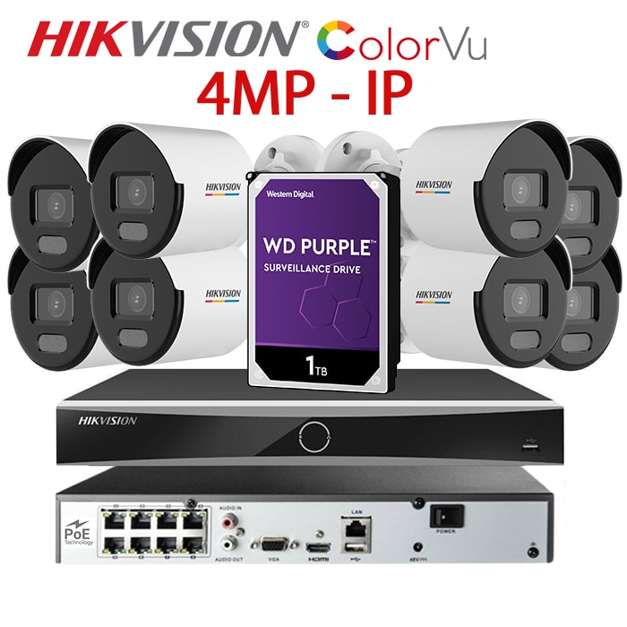 KIT 8 Camere video IP PoE ColorVu, 4MP, 2.8mm, Lumina Alba 30m, NVR PoE, HDD 1TB, HIKVISION – KIT8CHAHIPCVU-4A28C-WDT1