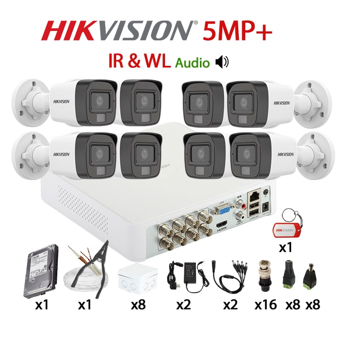 KIT 8 Camere video complet, 5MP+, 2.8mm, Dual Light IR 25m si WL 20m, Microfon, DVR, HDD 1TB, Cablu + Accesorii Montaj HIKVISION – KIT4CHA-8A22DL-TST1