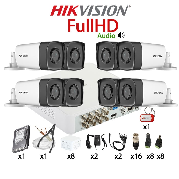 KIT 8 Camere video complet, FullHD, 2.8mm, IR 40m, Microfon, DVR, HDD 1TB, Cablu + Accesorii Montaj HIKVISION – KIT8CHA-8A22-TST1