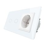 Intrerupator dublu cap scara / cap cruce + priza simpla Livolo rama din sticla, alb, VL-C702S-11/C7-C1EU-11