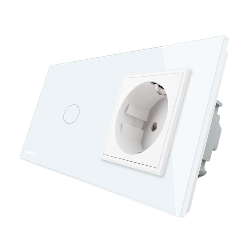 Intrerupator simplu cap scara / cap cruce + priza simpla Livolo rama din sticla, alb, VL-C701S-11/C7-C1EU-11