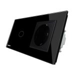 Intrerupator simplu cap scara / cap cruce + priza simpla Livolo rama din sticla, negru, VL-C701S-12/C7-C1EU-12