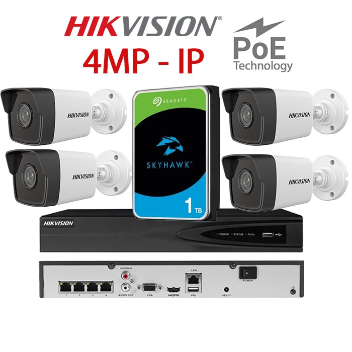KIT 4 Camere video IP PoE, 4MP, 2.8mm, IR 30m, NVR PoE, HDD 1TB, HIKVISION – KIT4CHAHIP-4A28-SGT1