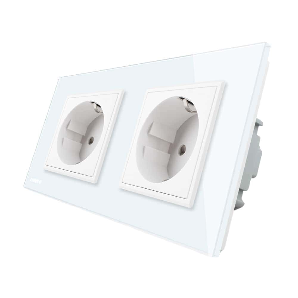 Priza dubla Livolo cu rama din sticla, alb, VL-C7C2EU-11