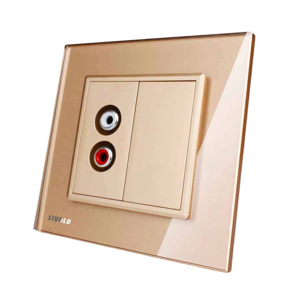 Priza simpla audio Livolo cu rama din sticla, auriu, VL-C791AD-13