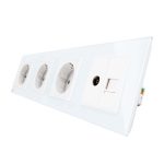 Priza cvadrupla Livolo cu rama din sticla 3 prize simple+TV/internet, alb, VL-C7-C4EU/VC-11