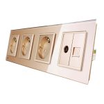 Priza cvadrupla Livolo cu rama din sticla 3 prize simple+TV/internet, auriu, VL-C7-C4EU/VC-13