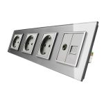 Priza cvadrupla Livolo cu rama din sticla 3 prize simple+TV/internet, gri, VL-C7-C4EU/VC-15