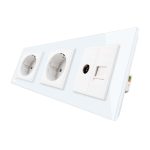 Priza tripla Livolo cu rama din sticla 2 prize simple+TV/internet, alb, VL-C7C3EU/VC-11