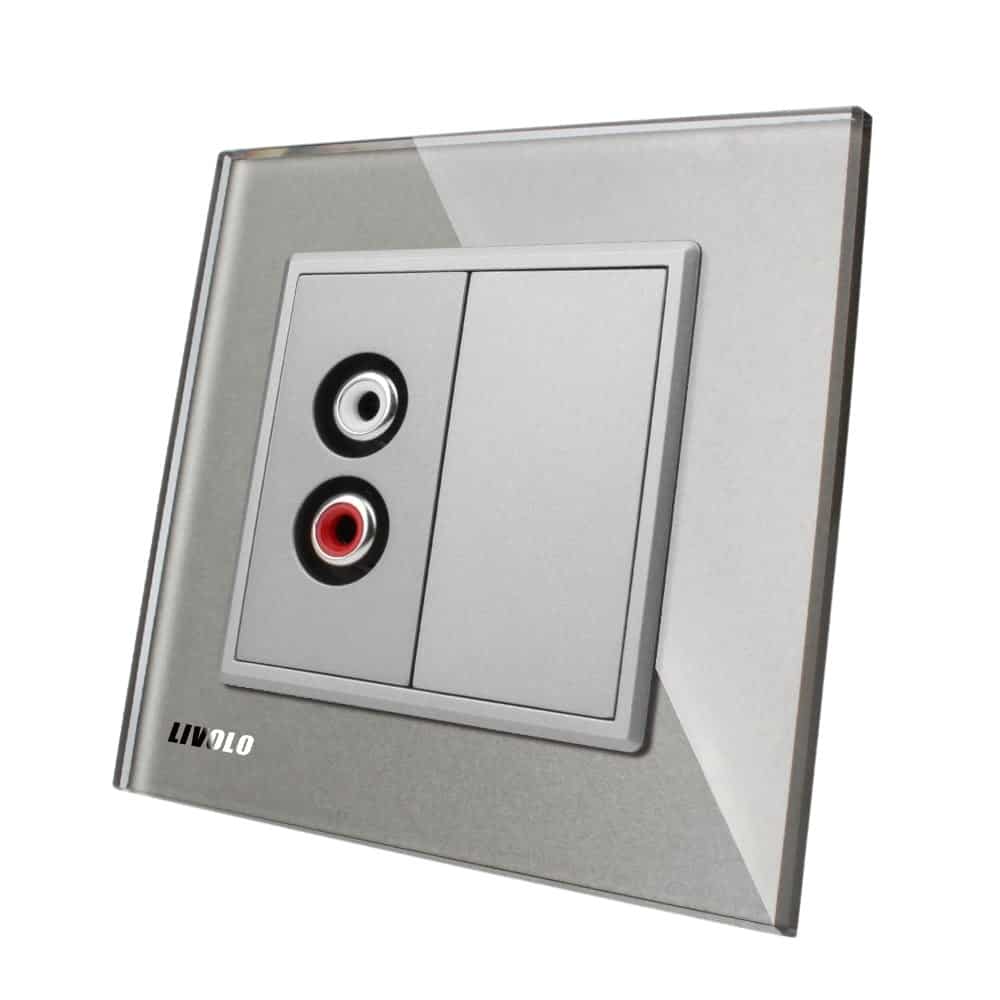 Priza simpla audio Livolo cu rama din sticla, gri, VL-C791AD-15