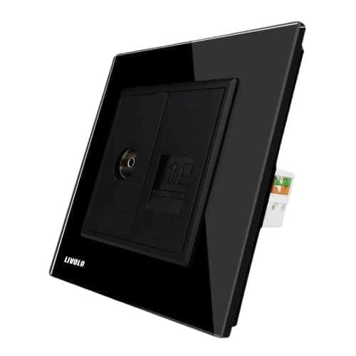 Priza dubla TV + priza internet Livolo cu rama din sticla, negru, VL-C791VC-12