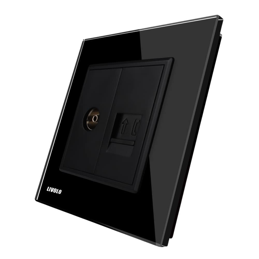 Priza dubla TV + Telefon Livolo cu rama din sticla, negru, VL-C791VT-12