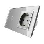 Intrerupator simplu cap scara / cap cruce + priza simpla Livolo rama din sticla, gri, VL-C701S-12/C7-C1EU-15