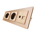Priza tripla Livolo cu rama din sticla 2 prize simple+TV/internet, auriu, VL-C7C3EU/VC-13