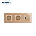 Priza tripla Livolo cu rama din sticla 2 prize simple+TV/internet, auriu, VL-C7C3EU/VC-13 - imagine 2