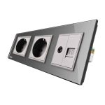 Priza tripla Livolo cu rama din sticla 2 prize simple+TV/internet, gri, VL-C7C3EU/VC-15