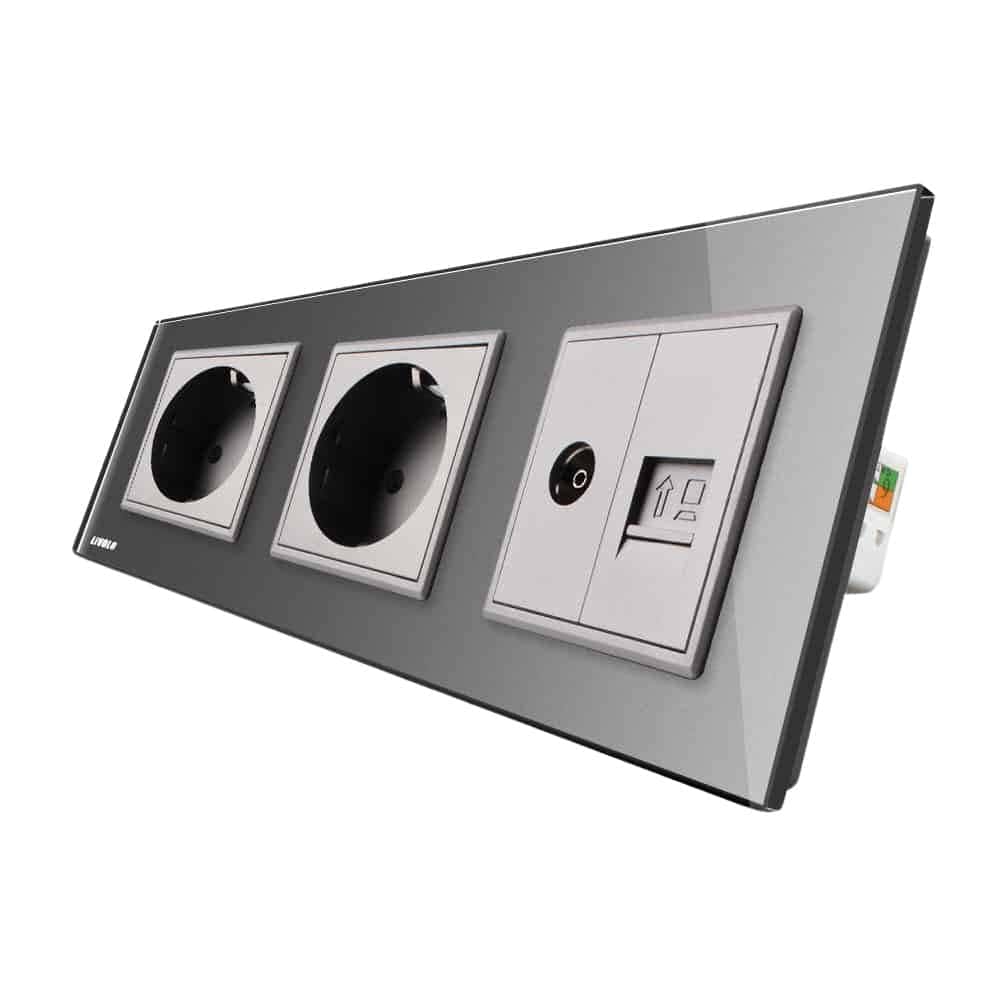 Priza tripla Livolo cu rama din sticla 2 prize simple+TV/internet, gri, VL-C7C3EU/VC-15