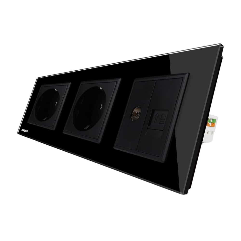 Priza tripla Livolo cu rama din sticla 2 prize simple+TV/internet, negru, VL-C7C3EU/VC-12