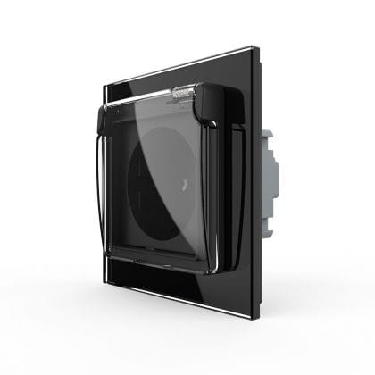 Priza simpla Livolo cu rama din sticla si capac de protectie rezistent la apa, negru, VL-C7C1EUWF-12