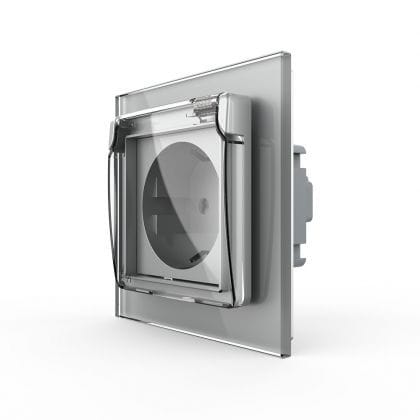 Priza simpla Livolo cu rama din sticla si capac de protectie rezistent la apa, gri, VL-C7C1EUWF-15