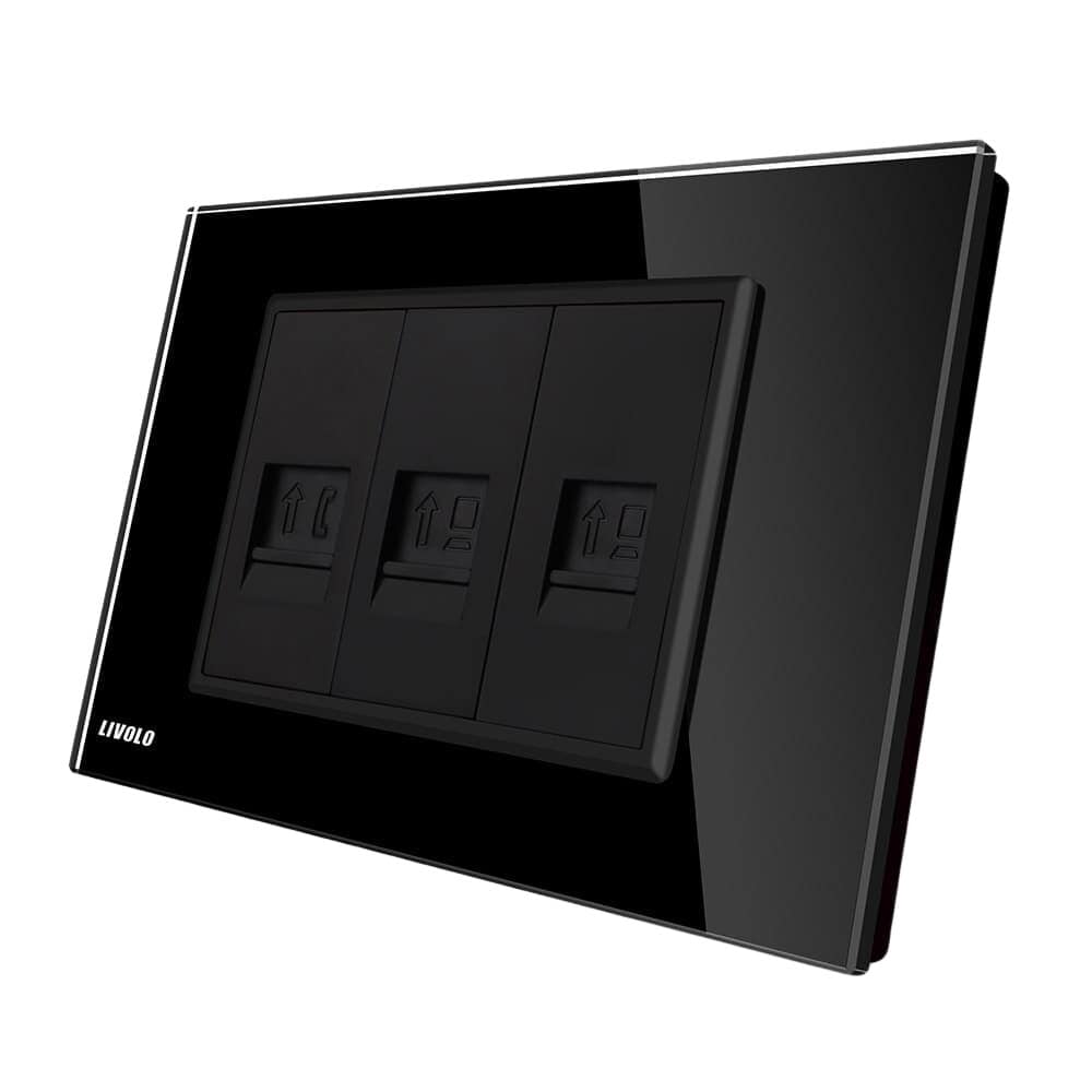 Priza telefon+dubla internet Livolo cu rama din sticla - standard italian, negru, VL-C392TCC-82