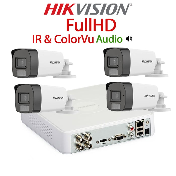 KIT 4 Camere video Full HD, 2.8mm, Dual Light IR si ColorVu 40m & 40m, Microfon, DVR, HIKVISION – KIT4CHA-4CRIRFHD-FHD