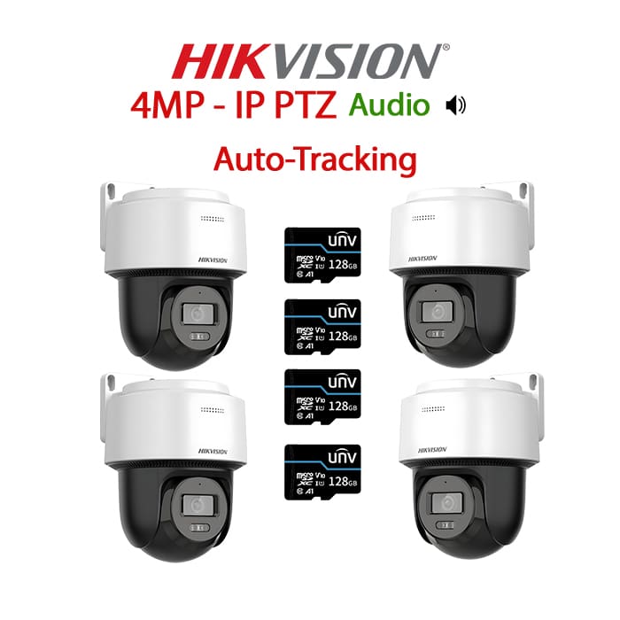 Pachet 4 Camere video PTZ cu Card Memorie 128GB, Auto-Tracking, IP PoE, 4MP, 2.8mm, Mic, Speaker, IR si ColorVu 30M, Card 128GB, HIKVISION – PAC4PT-4A2812GBWG