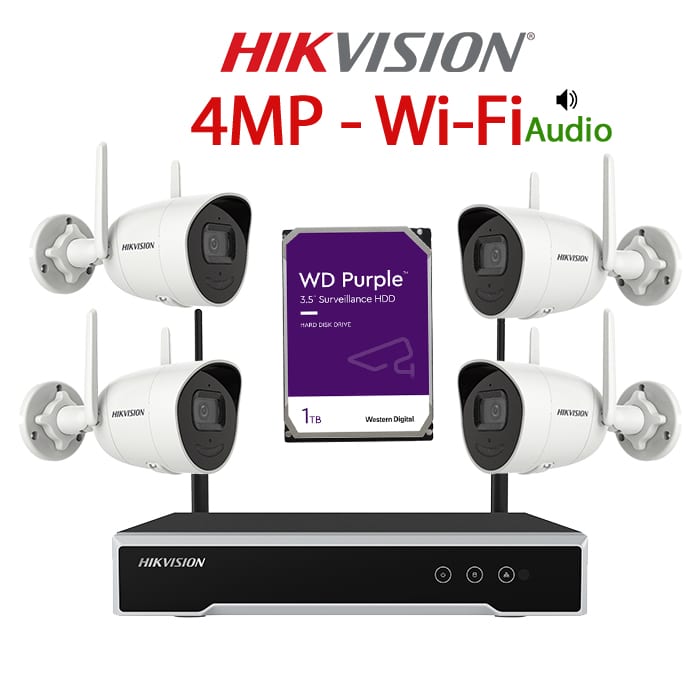KIT 4 Camere video Wi-Fi IP, 4MP, 2.8mm, Mic, Speaker, IR 30M, NVR Wi-Fi, HDD 1TB, HIKVISION - KIT4CHAHIPAPT-4A28WGWW4-WDT1