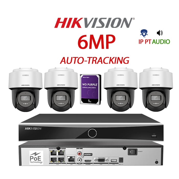 KIT 4 Camere video PT, Auto-Tracking, AcuSense IP PoE, 6MP, 2.8mm, Mic, Speaker, IR si ColorVu 30M, NVR PoE, HDD 1TB, HIKVISION - KIT4CHAHIPAPT-6A28WG-WDT1