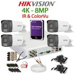 KIT 4 Camere video complet, 4K, 2.8mm, Dual Light 8MP, IR si ColorVu 40m, DVR, HDD 1TB, Cablu, HIKVISION - KIT4CHA-4A88IRCV-WDT1A