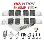 KIT 8 Camere video complet 3K, 5MP, 2.8mm, Dual Light, IR si ColorVu 40m, Microfon, DVR, HDD 1TB, Cablu, HIKVISION - KIT8CHA-8A22-TST3K5MPIRWL