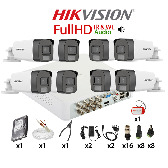 KIT 8 Camere video complet, FullHD, 2.8mm, Dual Light, IR si ColorVu 40m, Microfon, DVR, HDD 1TB, Cablu, HIKVISION - KIT8CHA-8A22-TSTFHIRWL