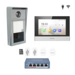 KIT videointerfon Smart pentru o familie, Rj45 + Wi-Fi 2.4Ghz, Switch PoE, Card, Tag, Carcasa montaj, monitor 7 inch negru, - HIKVISION DS-KIS604-BC