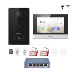 KIT videointerfon Smart pentru o familie, Rj45 + Wi-Fi 2.4Ghz, Switch PoE, Card, Tag, monitor 7 inch negru, - HIKVISION DS-KIS605-BSA